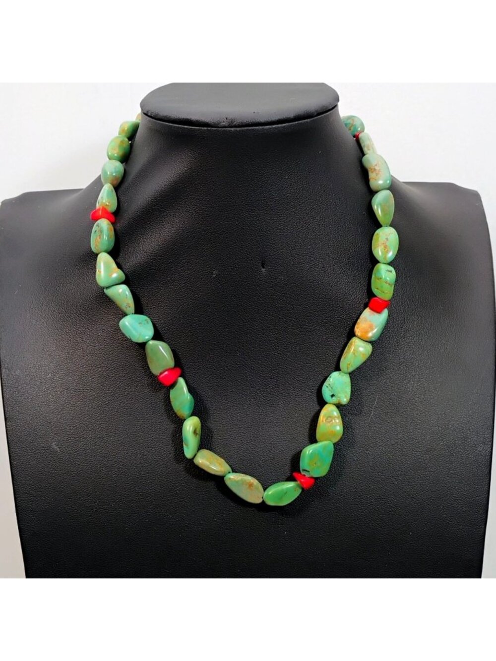 Turquoise Nugget Coral Bead Necklace Native Southwestern Green Matrix 16" Long
